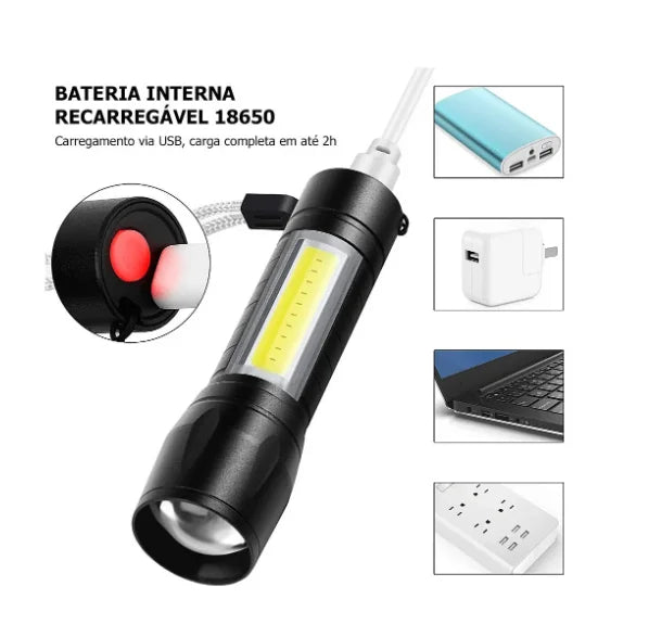 Lanterna Militar Tática Com Led Forte E Zoom p/ regular Alcance Recarrega via USB
